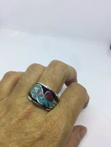 Vintage Silver White Bronze Men&#39;s Black Hawk Turquoise Inlay Ring Size 7.5 - £30.97 GBP