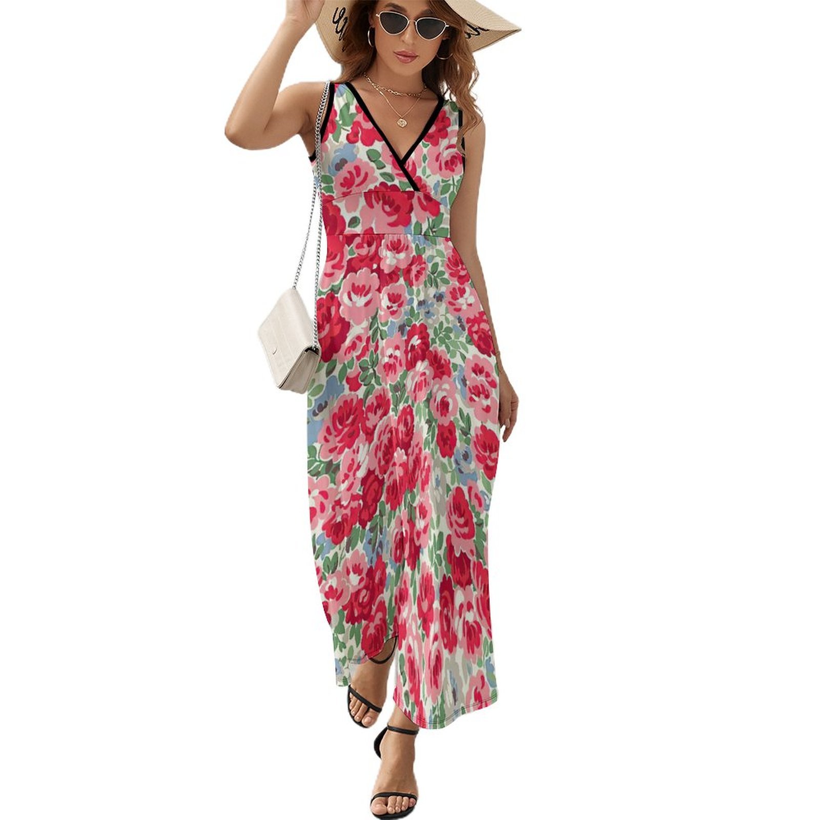 Mondxflaur Red Rose Summer Dresses for Women V-neck Sleeveless Long Dress