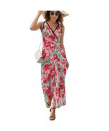 Mondxflaur Red Rose Summer Dresses for Women V-neck Sleeveless Long Dress - $48.00 CAD