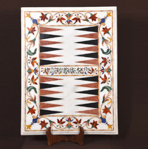 White Marble Marquetry Backgammon Table Hakik Floral Work Inlaid Art Decor H3692 - £418.85 GBP