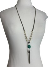 Silver Tone Necklace Faux Pearl Faux Turquoise Tunic Length Tassel 30-33&quot; Long - $14.85