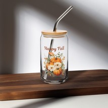 New Can-Shape Glass w/Lid &amp; Straw Happy Fall Pumpkins Daisies 16 oz Durable - $10.95