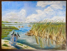 Crows Beach Grass Painting Tidal Pond Sand Reeds Birds Blue Sky Water 24” Vtg - £78.44 GBP
