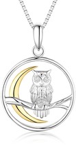 925 Sterling Silver Owl On The Branch Crescent Moon Pendant Necklace 18In. Chain - £61.32 GBP