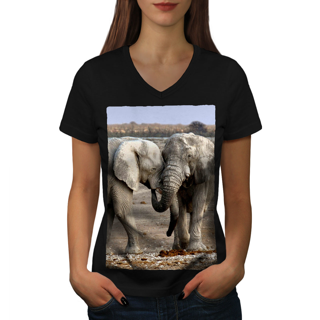 Elephant Love Wild Animal Shirt Muddy Love Women V-Neck T-shirt - $12.99