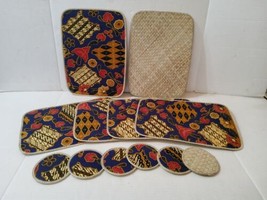 Vintage Placemat Coaster Set Fabric and Rattan Wicker 12pc Set Bold Color Blue  - £29.14 GBP