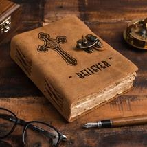 Leather Cover Handmade Deckle Edge Paper Vintage Engraved Diary with Met... - £39.74 GBP