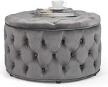 Grey Homebeez Round Velvet Storage Ottoman With Button Tufted Footrest And - £168.24 GBP