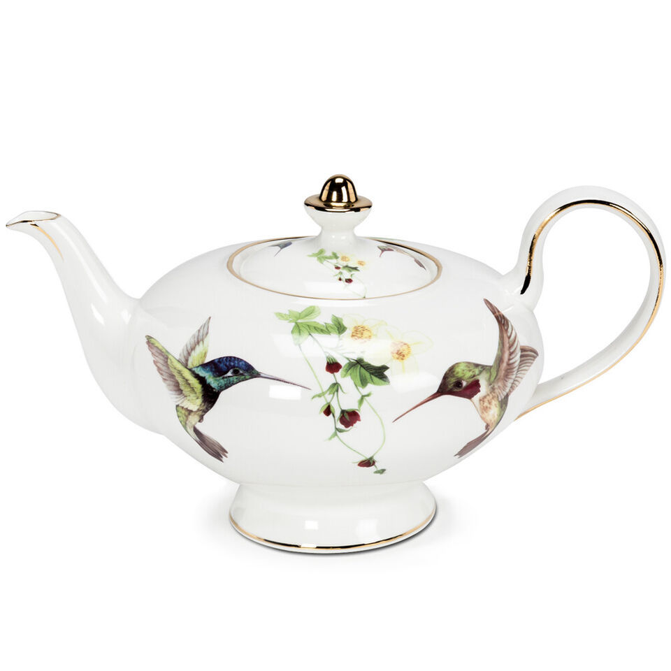 Hummingbird Teapot Bone China 32 oz 10&quot; Long 10K Gold Accents White Beauty - $53.45