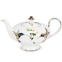 Hummingbird Teapot Bone China 32 oz 10&quot; Long 10K Gold Accents White Beauty - €45,75 EUR