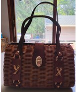Vintage Wicker Straw Rattan &amp; Leather Top Handle Basket Handbag Purse - €42,63 EUR