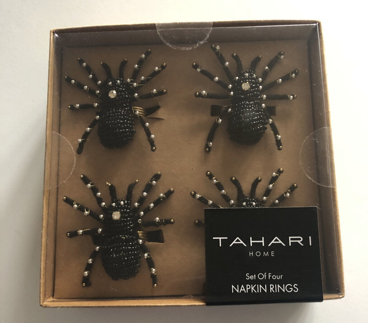 Primary image for Tahari Black Widow Rhinestone Beaded Spider Halloween Napkin Rings Set of 4 New