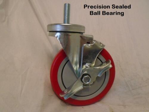 5&quot; x 1-1/4&quot; Threaded Stem 1/2&quot; x 1-1/2&quot; Polyurethane Red Wheel w/ Brake ... - $17.23