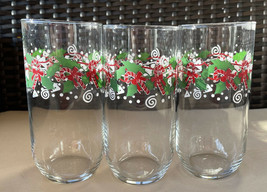 Lot/3 Candy Canes &amp;  Holly Christmas Tumblers Drinking Glasses Height 5 7/8&quot; - £14.15 GBP