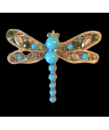 Dragonfly Pin Aqua Blue Turquoise Gold Tone Brooch - £15.15 GBP