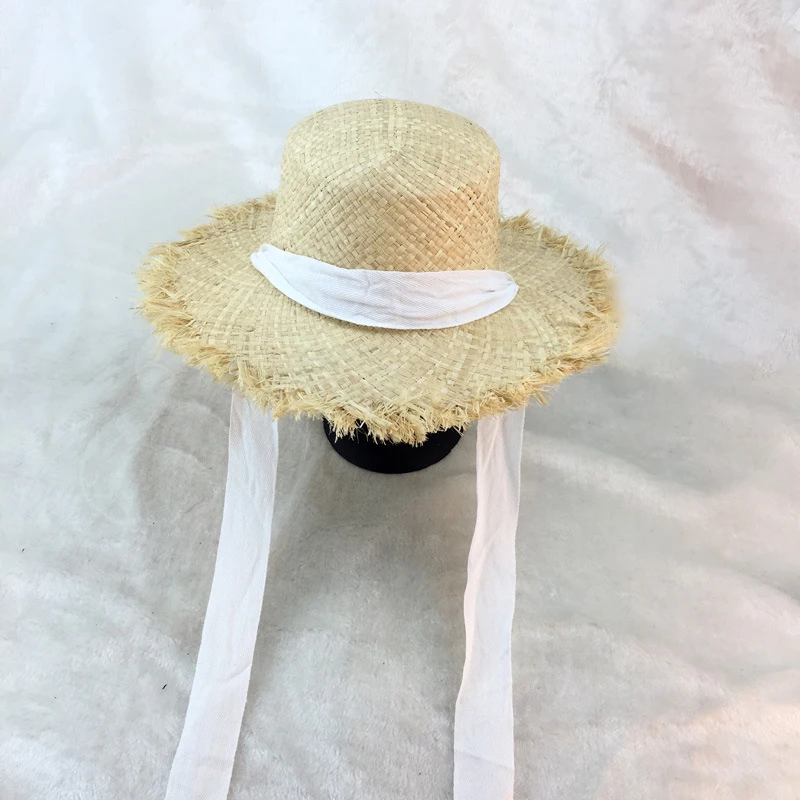 Summer Women Beach Raffia Black White Ribbon Hat Bow Raffia Hat Temperament Flat - £102.67 GBP