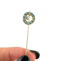 VTG Round Rhinestone Gold Tone Stick Pin Brooch Clear Round 3&quot; Blue - £13.36 GBP