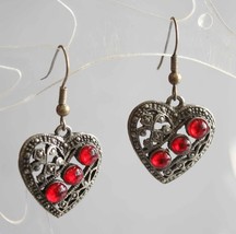 Elegant Baroque Red Heart Silver-tone Pierced Earrings 1990s vintage - £9.89 GBP