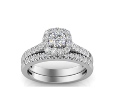 Cushion Halo Round Simulated Diamond 925 Silver Eternity Bridal Wedding Ring Set - £66.15 GBP