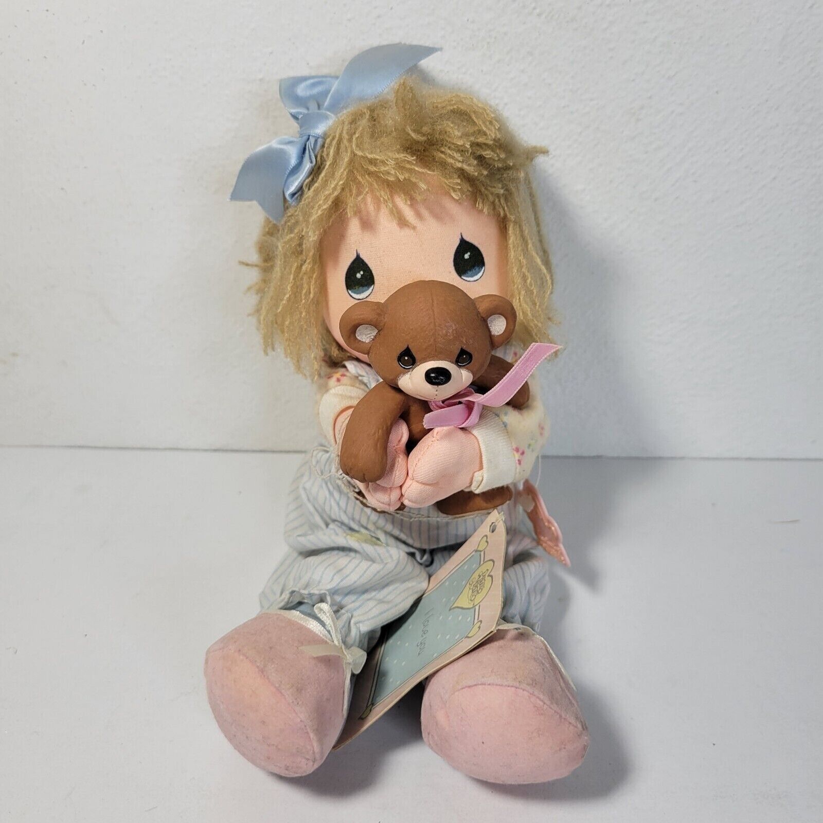 Precious Moments Applause 1986 Child with Teddy Bear Doll with Tag Missing Nose - $13.88