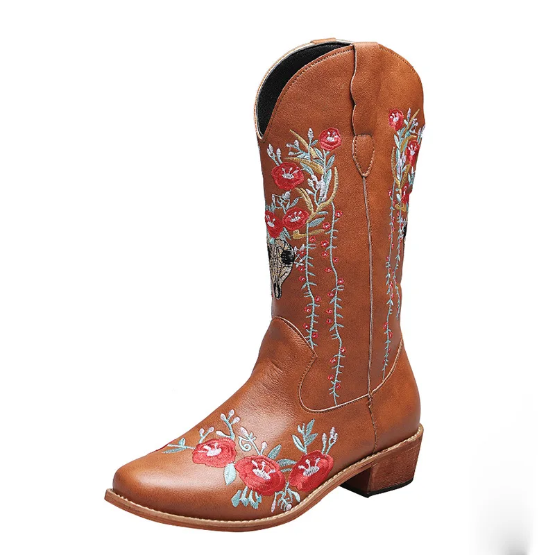 Embroidered Heels Calf Boots boy Women Autumn Winter  Western girl Boots Party S - £96.37 GBP