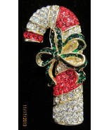 CHRISTMAS CANDY CANE BROOCH PIN BEAUTIFUL RED WHITE and GREEN RHINESTONE - €17,11 EUR