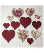 Vintage Cutter Quilt FeedSack Heart Applique Die Cuts Roses Burgundy Cut... - $14.24