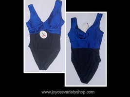 Slimming One Piece Swimsuit Blue &amp; Black Faux Wrap Top Light Padding Sz XL - $14.99