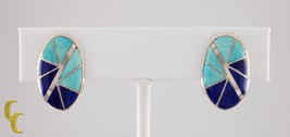 Argent Sterling Lapis Et Turquoise Incrustation avec Clip Oreilles Magni... - $4,727.47 MXN