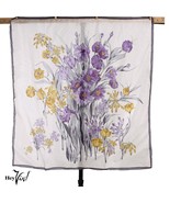 Vintage Iris Spring Flowers Floral Silk Scarf Purple Yellow Cream  28&quot; -... - £19.16 GBP