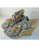 Naughty Monkey Women's 9 Zebra Stripe Canvas Floral Buckle Wedge Sandals... - $6.95