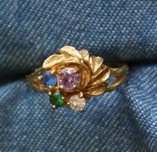 Elegant Multicolor Rhinestone Gold-tone Leaf Ring 1960s vintage size 8 - £10.24 GBP