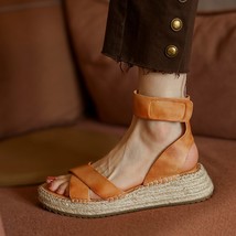 One Strap Sandals Cowhide Summer Lady Hem Vintage Shoes Woman Espadrilles Womens - £111.15 GBP