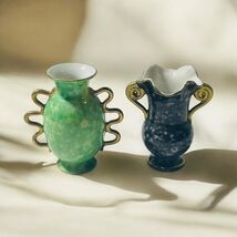 Vtg Set Of 2 Hand Painted Porcelain Mini Handled Vases Urns Green Blue J... - $14.87