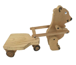 Vintage Hand Made Wood Folk Art Toy Bear Acrobatic Spinning Wheels rustic kitsch - $29.69