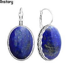 Big Oval Natural Lapis Lazuli Earrings For Women Vintage Antique Silver Plated F - £8.49 GBP