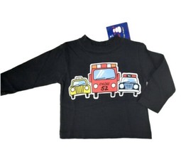Vintage Boys Shirt Flap Happy 12 m Black Long Sleeve Fire Truck Police Car USA - £9.64 GBP