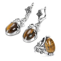 Kinel 2020 New Boho Natural Stone Ring Earring for Women Tibetan Silver Beach Pa - £18.86 GBP