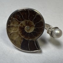 BBJ Ammonite Fossil W/ White Pearl Sterling Silver Ring Sz 7.5 Adjustable - $609.40 MXN