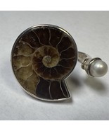 BBJ Ammonite Fossil W/ White Pearl Sterling Silver Ring Sz 7.5 Adjustable - €27,95 EUR