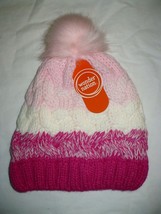 Wonder Nation Girls Pom Beanie Hat Fleece Lined Pink Frost Stripe Fashion Hat - £7.55 GBP