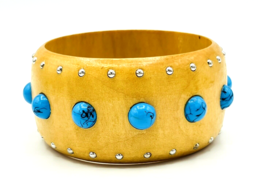 Wide Wooden Blue Cabochon Silver Studded BOHO Bangle Bracelet - £14.24 GBP