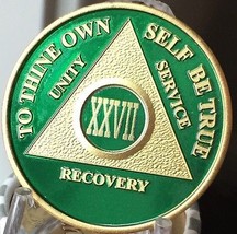 27 Year AA Medallion Green Gold Plated Alcoholics Anonymous Sobriety Chi... - £16.04 GBP