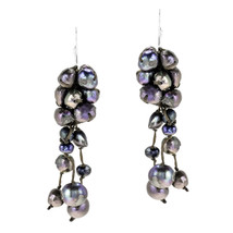 Nature Inspired Hanging Cluster of Black Pearls &amp; Rope Dangle Earrings - £8.48 GBP