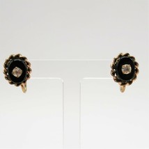 Vtg gold tone screw back round earrings w/ black enamel &amp; clear rhinestone ctrs - £15.97 GBP