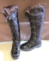 Aldo Tall Lace Up Rubber &amp; Fabric Boots Faux Fur Lining Black EU 37 US 6.5 - $33.95