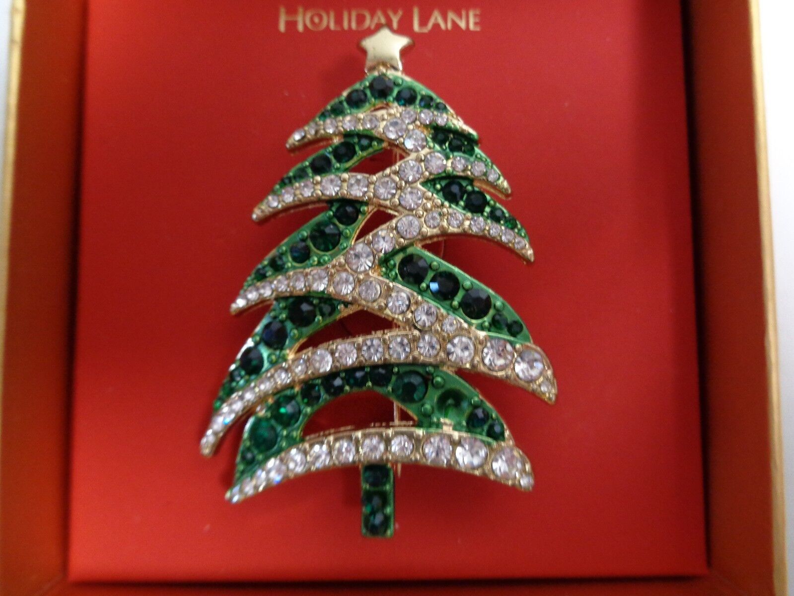 Charter Club Gold-Tone Green White Crystal Christmas Tree Pin Brooch New Holiday - $38.61