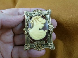 (cm15-33) Lady Woman with bow on shoulder brown + ivory CAMEO Pin Pendant brooch - £26.11 GBP