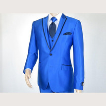 Mens Tuxedo Formal Suit ROYAL DIAMOND Slim Fit 3Pc Vested shiny Satin SL83 Blue image 14