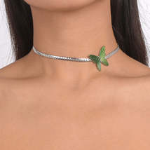 Green Enamel &amp; Silver-Plated Butterfly Choker - £11.00 GBP